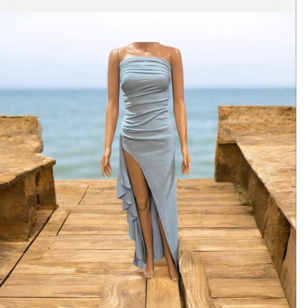 Lucy In The Sky Strapless High Split Blue Maxi Dress Size XXS